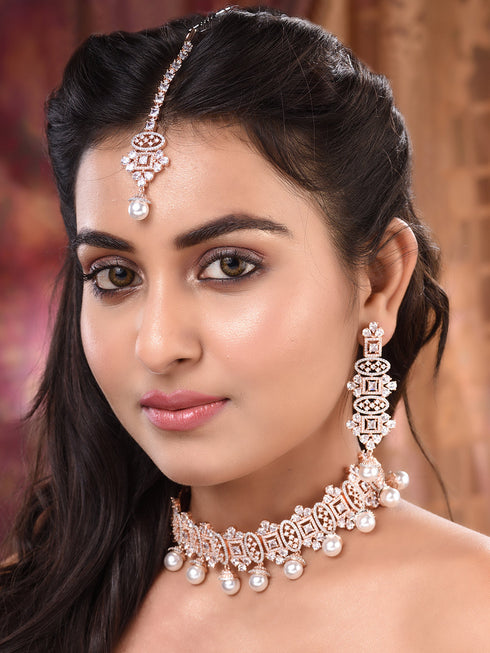 Rose Gold Toned White AD Studded & Pearl Beaded Choker Jewellery Set Mangtika