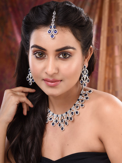 Silver plated Blue AD Studded statement Necklace Jewellery Set Mangtika