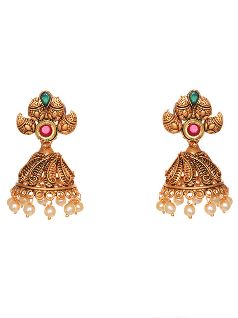 Gold Plated Kundan & Pearl studded Rajwadi Long Temple Necklace Jewellery Set