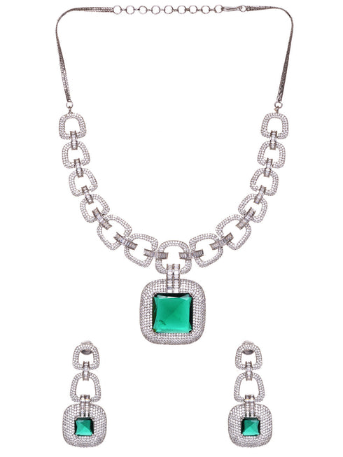Silver Plated Green AD Studded Statement Necklace Jewellery Set