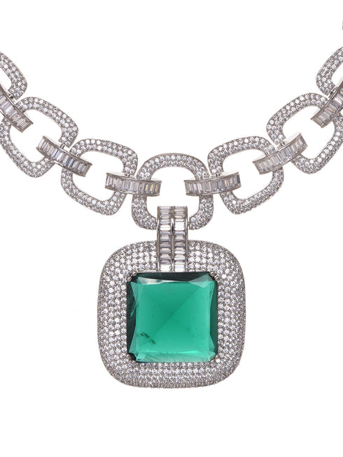Silver Plated Green AD Studded Statement Necklace Jewellery Set