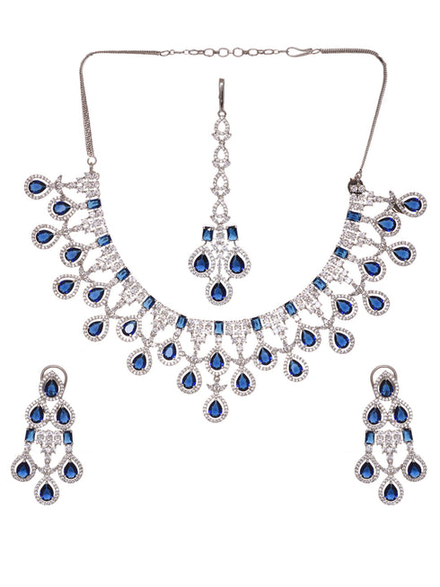 Silver plated Blue AD Studded statement Necklace Jewellery Set Mangtika