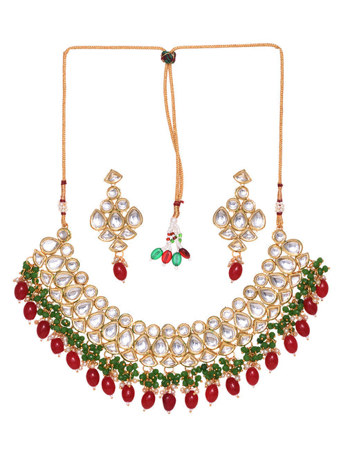 Gold Toned Kundan studded Red & Green Bead studded Handcrafted Jewellery Set