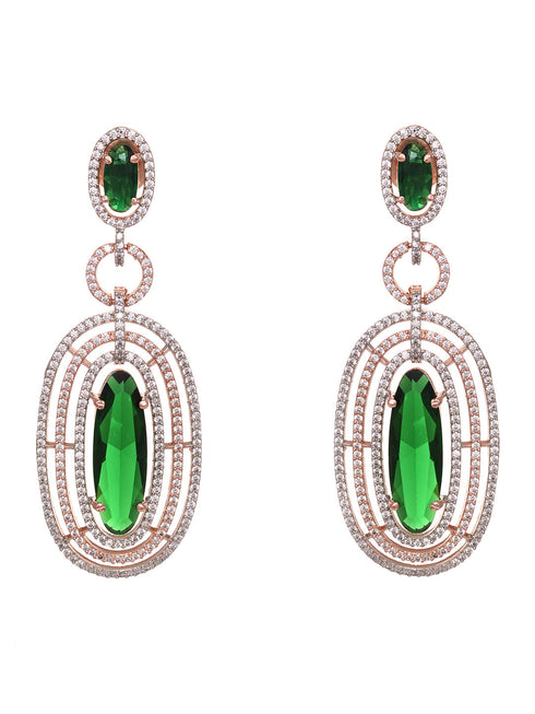 Rose Gold Plated Green AD Studded Oval Statement Earrings