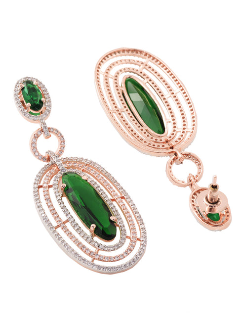 Rose Gold Plated Green AD Studded Oval Statement Earrings