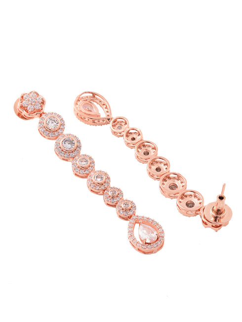 Rose Gold Plated White AD Studded Long Dangler Earrings
