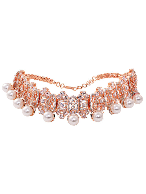 Rose Gold Toned White AD Studded & Pearl Beaded Choker Jewellery Set Mangtika