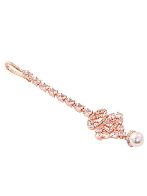Rose Gold Toned White AD Studded & Pearl Beaded Choker Jewellery Set Mangtika