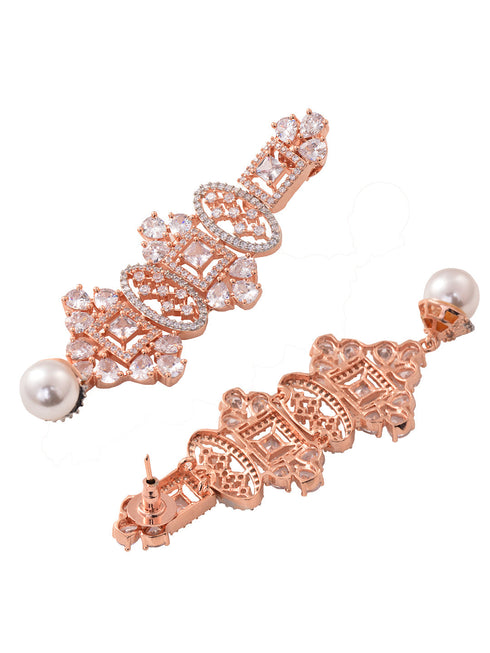 Rose Gold Toned White AD Studded & Pearl Beaded Choker Jewellery Set Mangtika