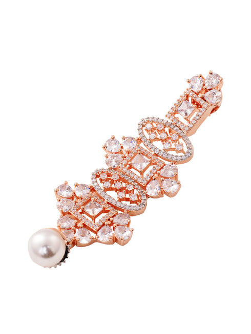 Rose Gold Toned White AD Studded & Pearl Beaded Choker Jewellery Set Mangtika