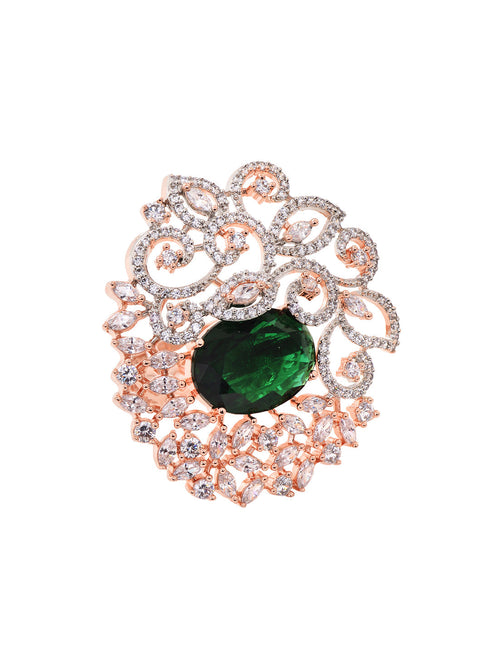 Rose Gold Plated Green AD Encrusted Quirky Floral Finger Ring