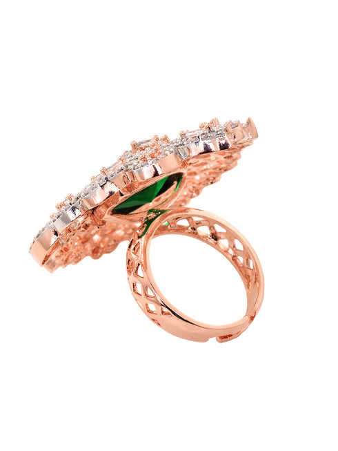 Rose Gold Plated Green AD Encrusted Quirky Floral Finger Ring