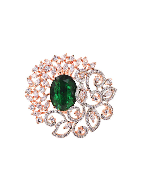 Rose Gold Plated Green AD Encrusted Quirky Floral Finger Ring