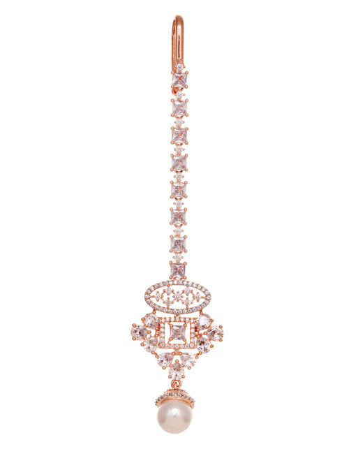 Rose Gold Toned White AD Studded & Pearl Beaded Choker Jewellery Set Mangtika