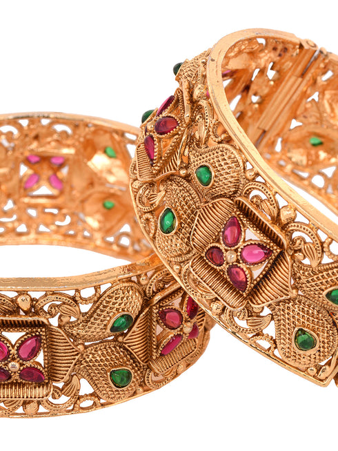 Set Of 2 Gold Plated Red & Green stone Studded Openable Bangles