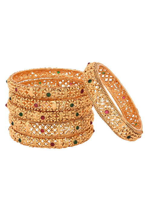 Set of 6 Gold Plated Stone Studded Filigree Bridal Bangles