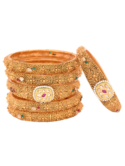 Set Of 6 Gold Plated Panchi Kundan Studded Bridal Bangles