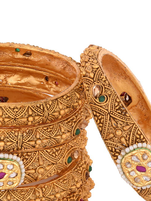 Set Of 6 Gold Plated Panchi Kundan Studded Bridal Bangles