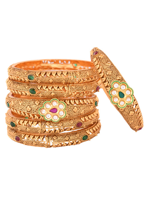 Set Of 6 Panchi Gold Plated Floral Panchi Kundan Studded Designer Bangles