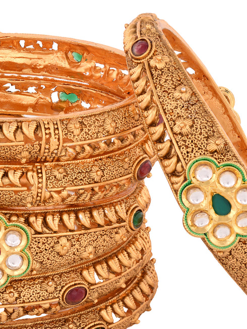 Set Of 6 Panchi Gold Plated Floral Panchi Kundan Studded Designer Bangles