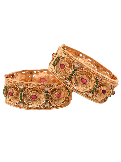 Set Of 2 Gold Toned Petal Motif Openable Bridal Bangles
