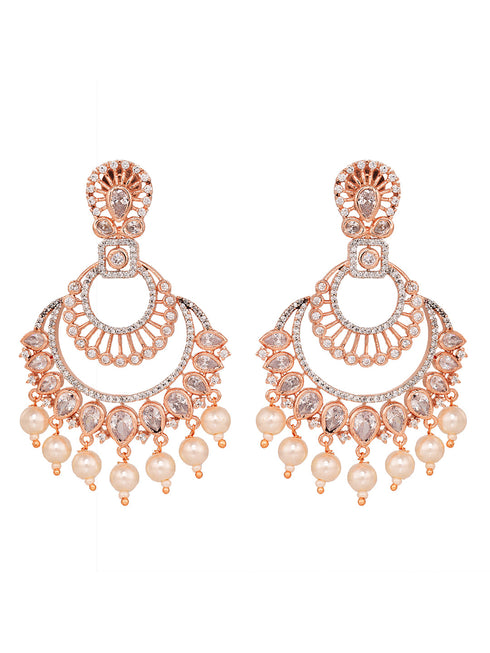 Rose Gold plated Pearl & AD studded Crescent Shaped Chandbali Earrings
