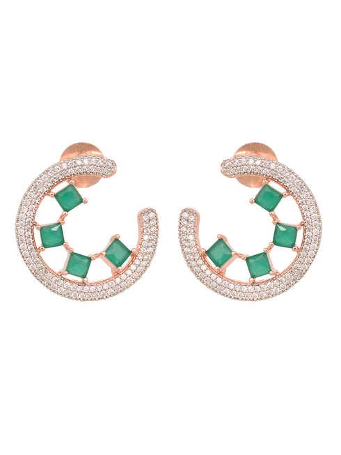 Rose Gold Plated Green AD Studded Half Hoop Stud Earrings