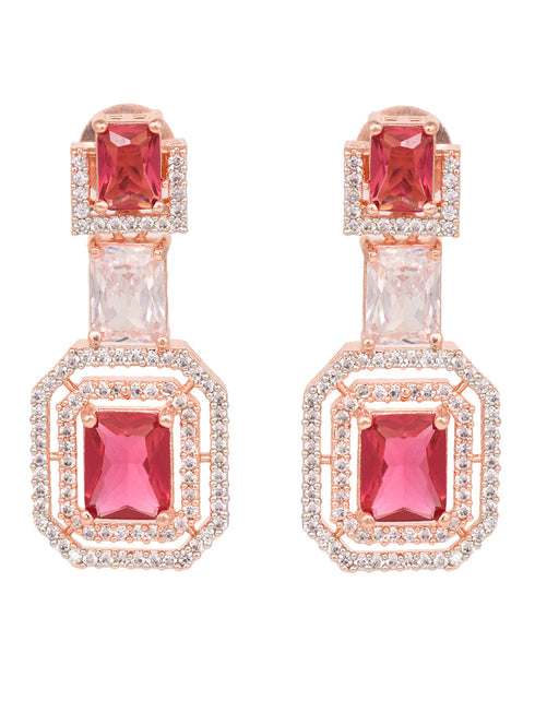 Rose Gold Plated Pink Ruby & White AD Studded Dropdown Statement Earrings