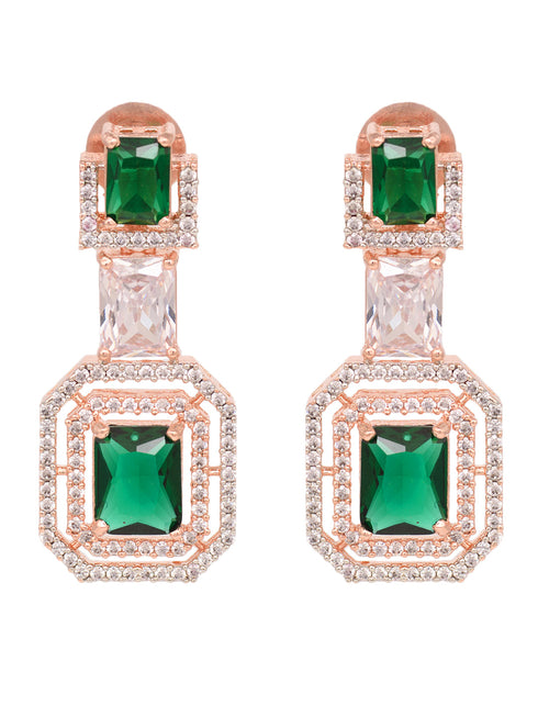 Rose Gold Plated Green & White AD Studded Dropdown Statement Earrings