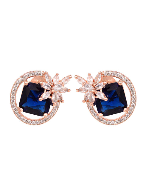 Rose Gold Plated Blue Sapphire AD Floral Studs Earrings