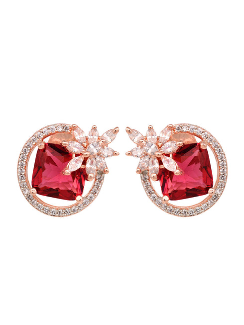 Rose Gold Plated Pink Ruby AD Floral Contemporary Studs Earrings