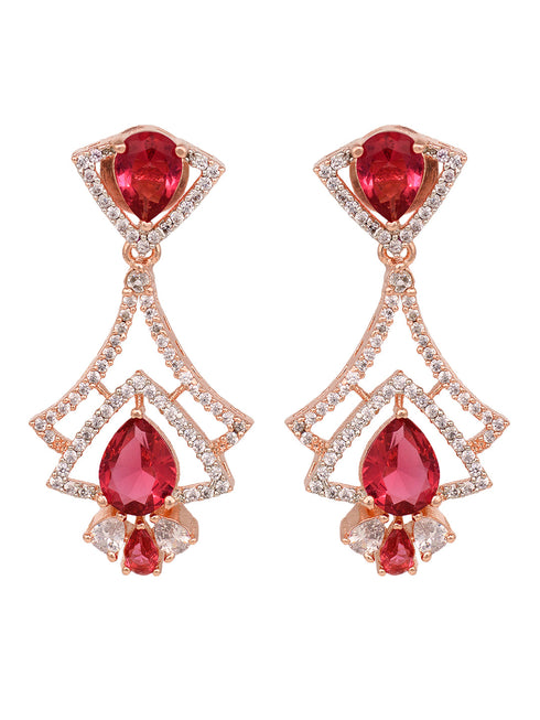 Rose Gold Plated Pink Ruby & White AD Studded Quirky Dropdown Earrings