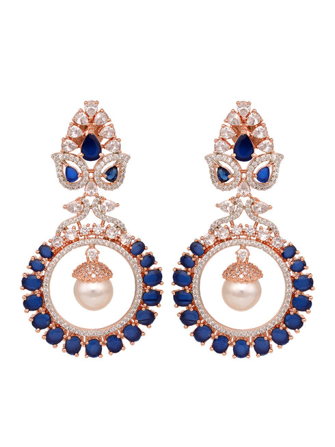 Rose Gold Plated Pearl Blue AD Studded Chandbali Drop Earrings