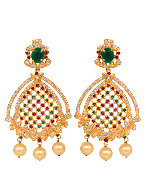 Gold Plated Multi AD Studded Chandelier Dropdown Earrings
