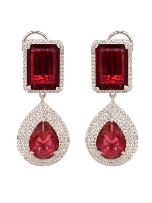Rose Gold Plated Pink Ruby Studded Teardrop Chandelier Earring