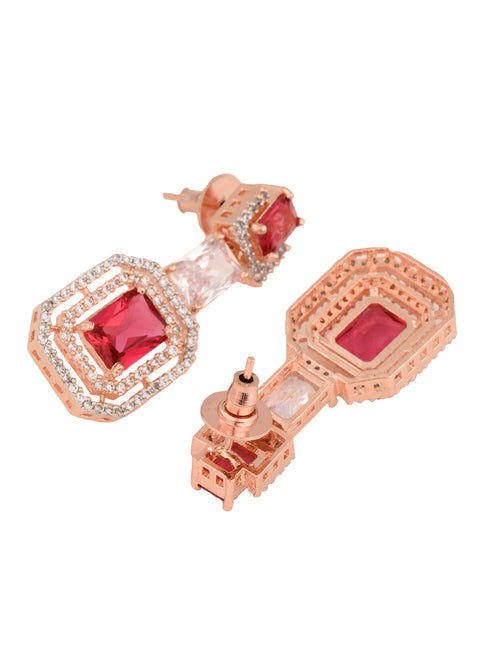 Rose Gold Plated Pink Ruby & White AD Studded Dropdown Statement Earrings