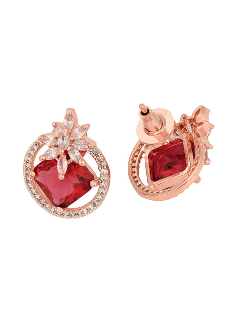 Rose Gold Plated Pink Ruby AD Floral Contemporary Studs Earrings