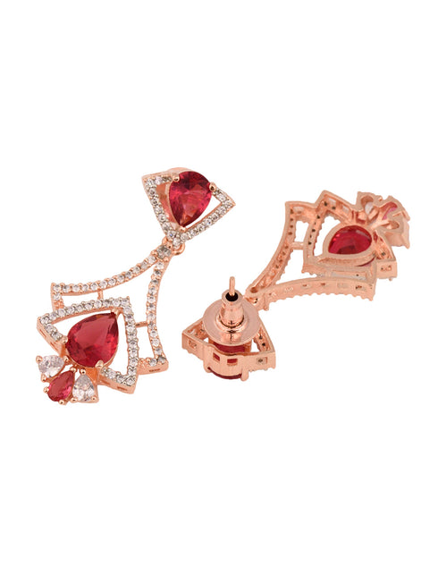 Rose Gold Plated Pink Ruby & White AD Studded Quirky Dropdown Earrings