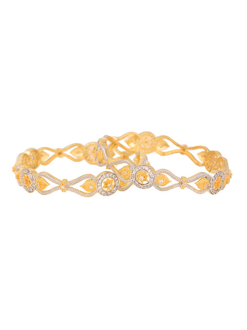 Set Of 2 Dua Toned Gold Plated Whitee AD Studded Handcrafted Leafy Design Bangles