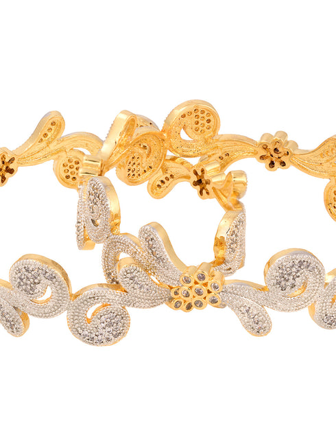 Set Of 2 Dua Toned Gold Plated Whitee AD Studded Handcrafted Leafy Design Bangles