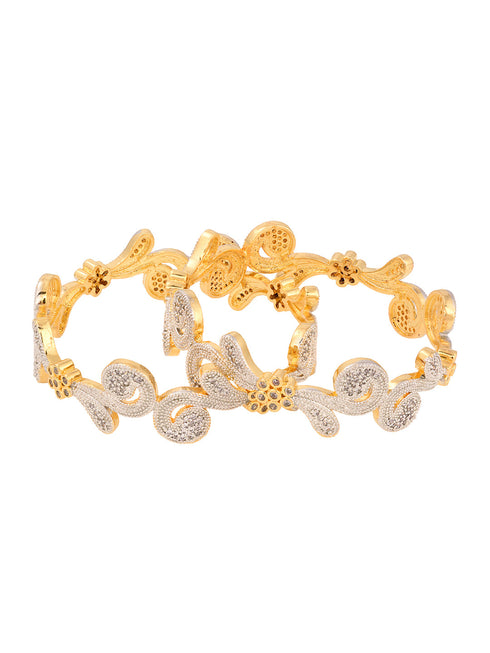 Set Of 2 Dua Toned Gold Plated Whitee AD Studded Handcrafted Leafy Design Bangles