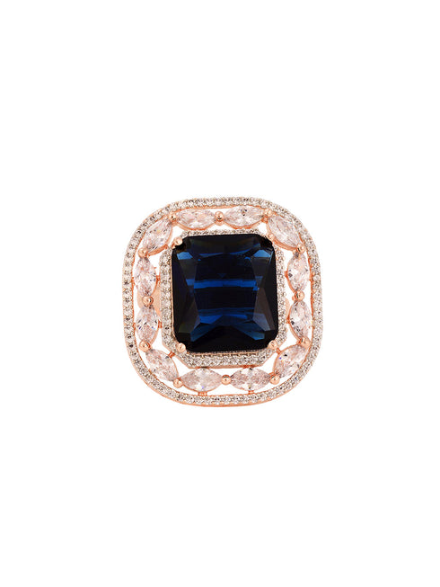 Rose Gold Plated Blue Studded Adjustable Cocktail Finger Ring