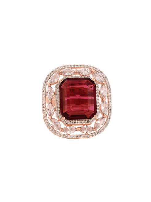 Rose Gold Plated Pink Ruby Studded Adjustable Cocktail Finger Ring