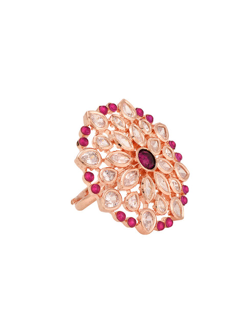 Rose Gold Plated Pink Ruby AD Studded Floral Adjustable Cocktail Finger Rings