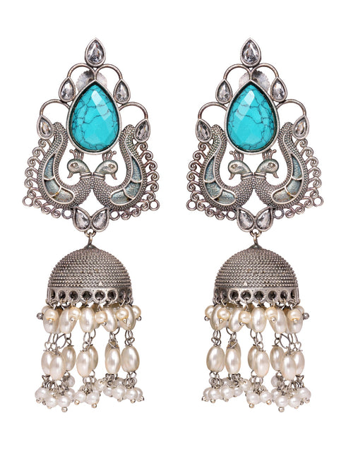 Turquoise Blue studded & beaded Oxidised Jhumka Earrings