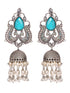 Turquoise Blue studded & beaded Oxidised Jhumka Earrings