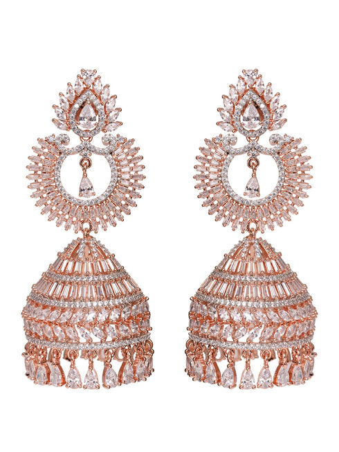 Rose Gold Plated White AD Studded Lightweight Jhumka Earrings