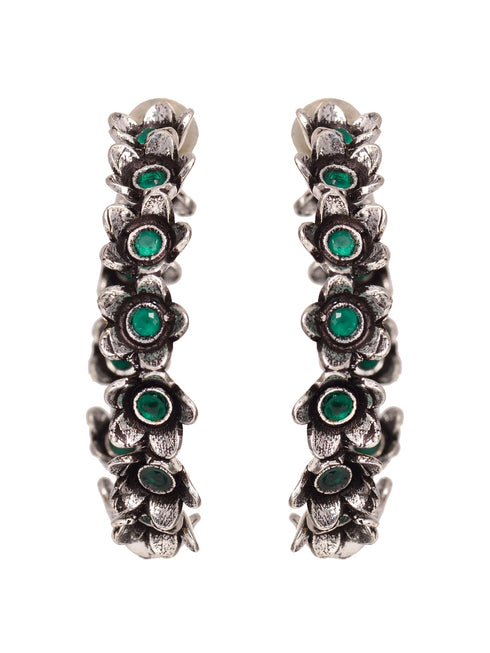 Silver Oxidised Green stone Studded Hoop Earrings