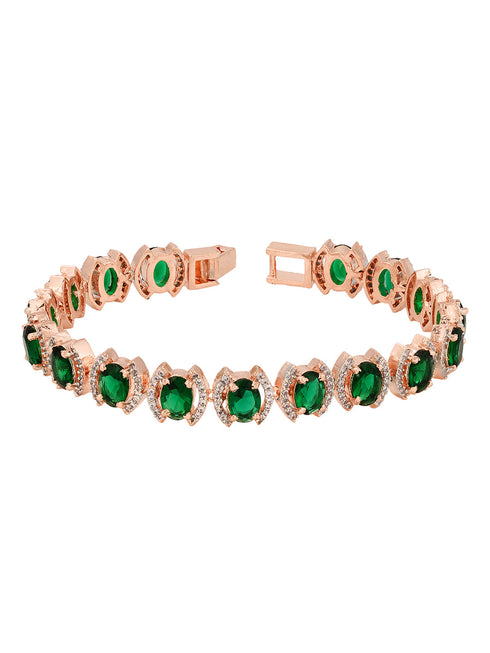 Rose Gold Plated Oval Green Ad Studded Designer Tennis Bracelet For Her