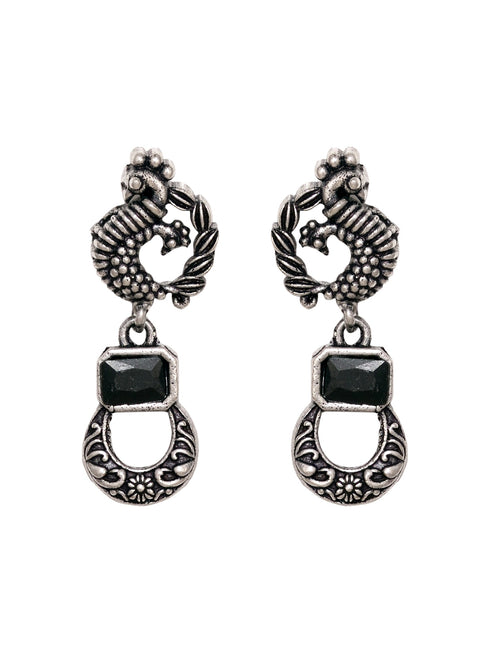 Silver Oxidised Black Stone Studded Double Layered Necklace Jewellery Set